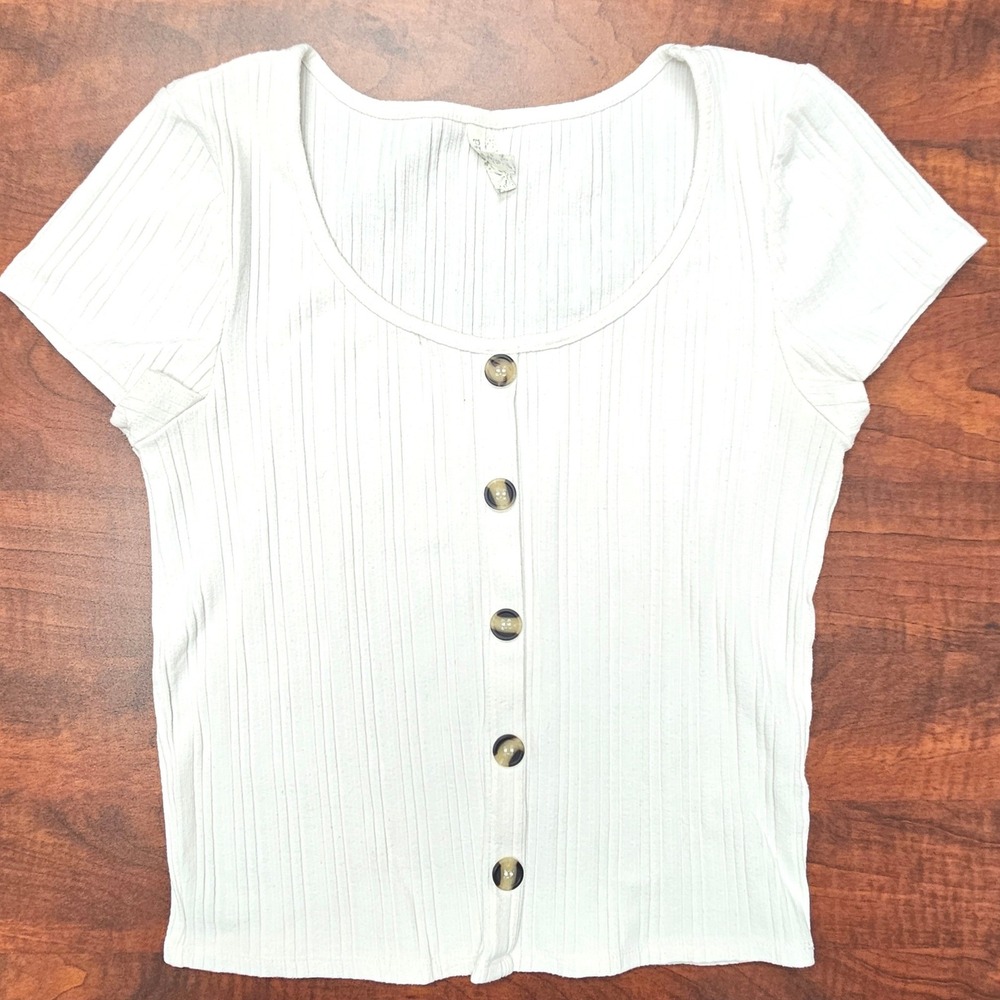 Mudd‎ Womens Large Ribbed Button Front Top Ivory Baby Tee Y2K Stretch